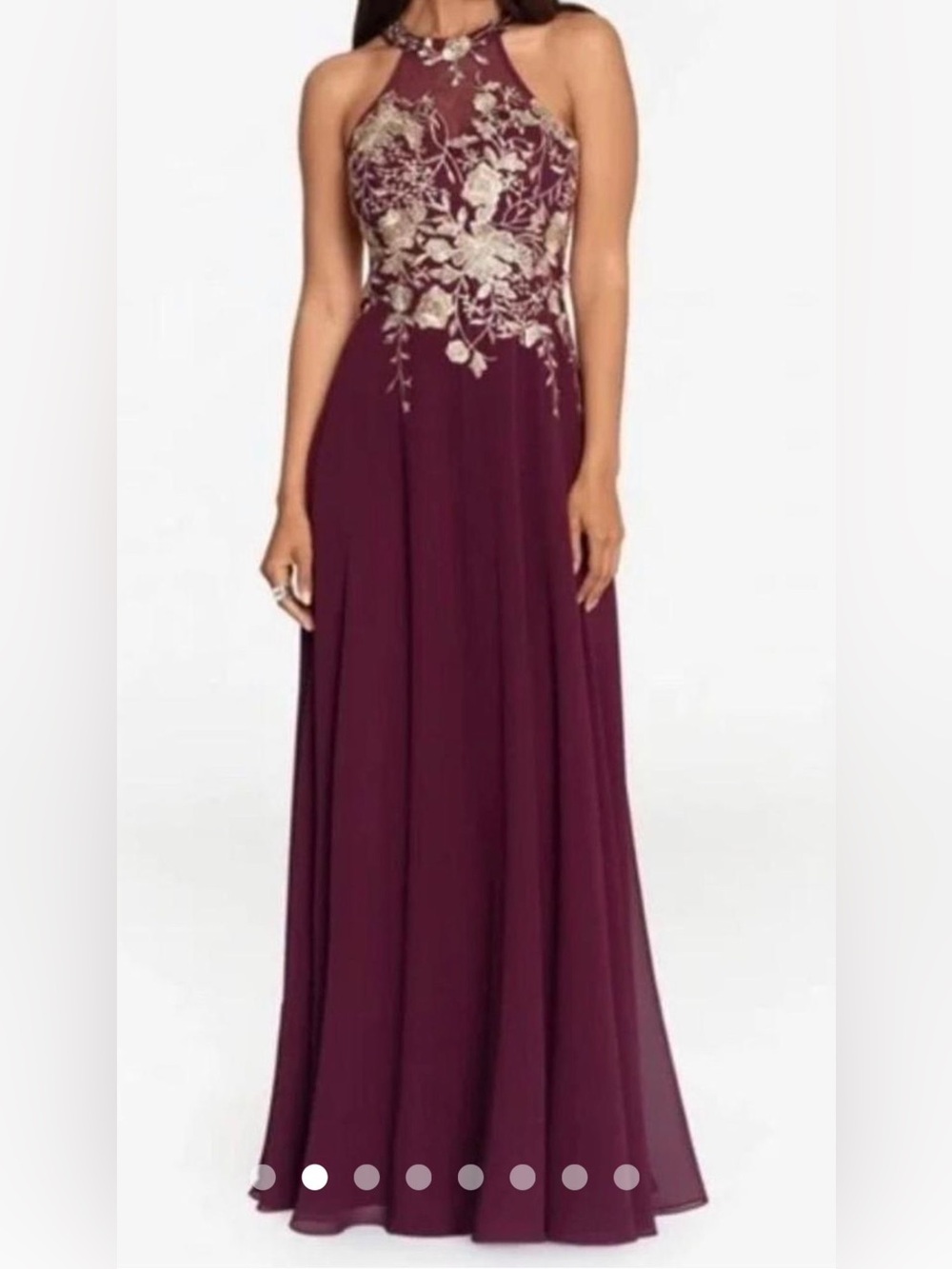 Betsy & Adam Wine Maxi Gown with Metallic Floral Embroidery